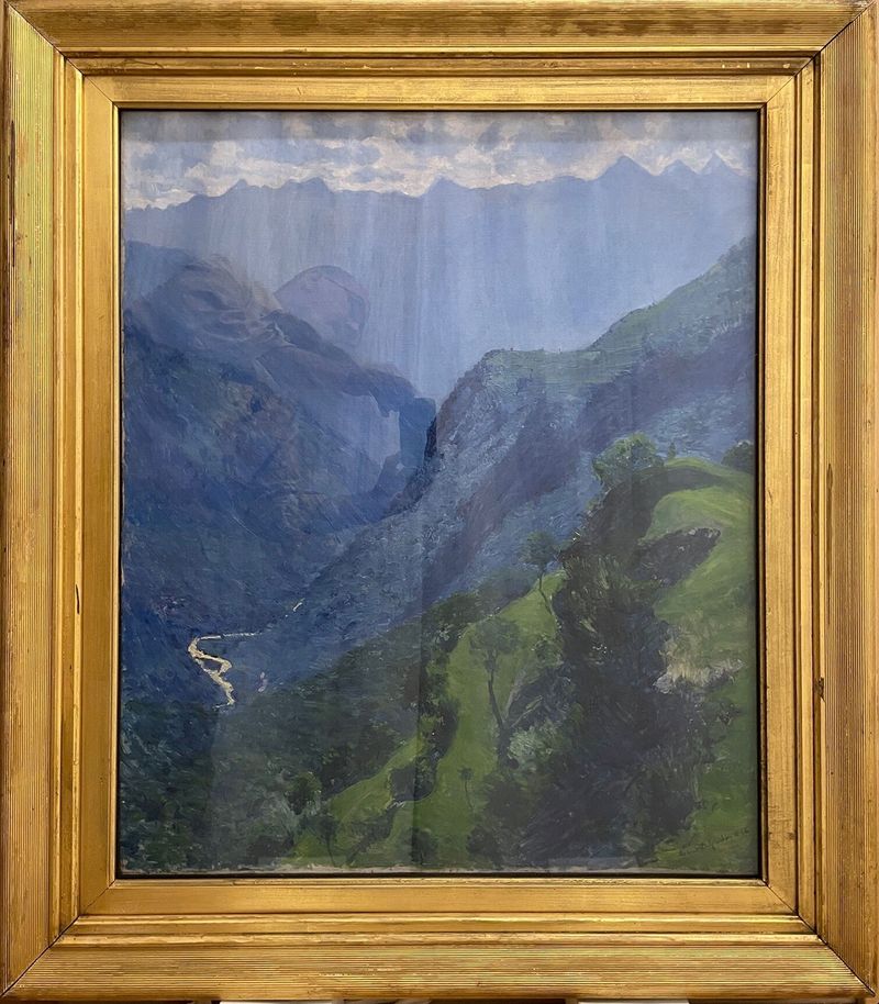 Mountain Pass oil painting by Robert David Gauley featuring jagged peaks and a pastel sky.