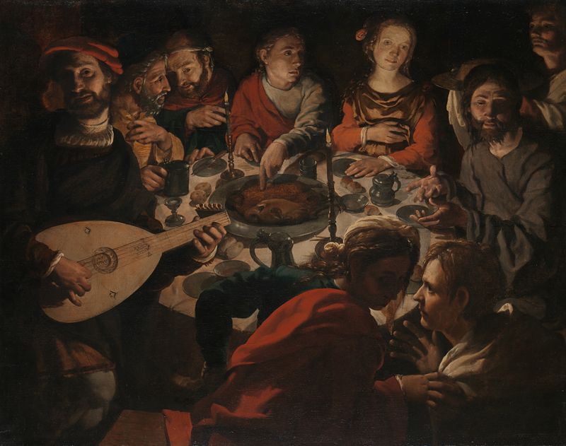 La boda en Caná, óleo sobre panel de Jan Cornelisz Vermeyen, con una escena nocturna iluminada por la luz de las velas.