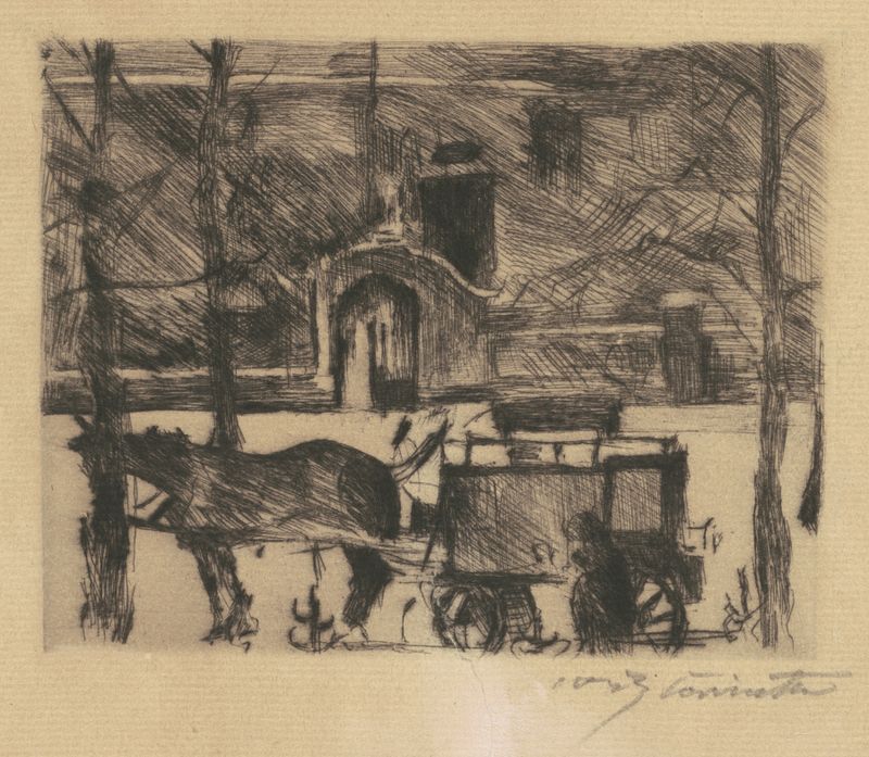 Milchwagen de Lovis Corinth, óleo sobre tela que retrata um vibrante carro de leite em um cenário urbano.