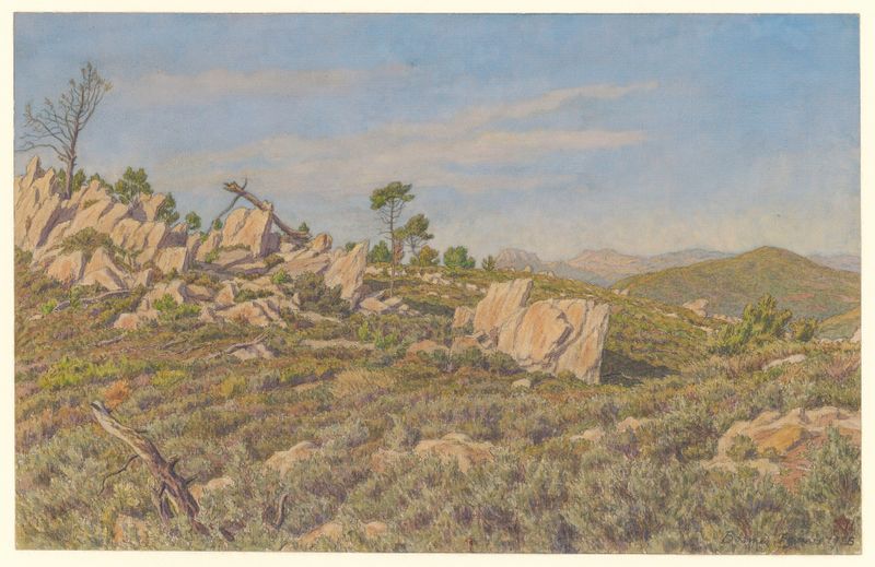 Paisagem de colinas em suaves verdes e azuis de Henri Rivière, 1926, pintura a óleo