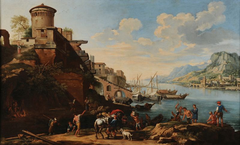 Oil painting by French School depicting a tranquil landscape with a soft sky.