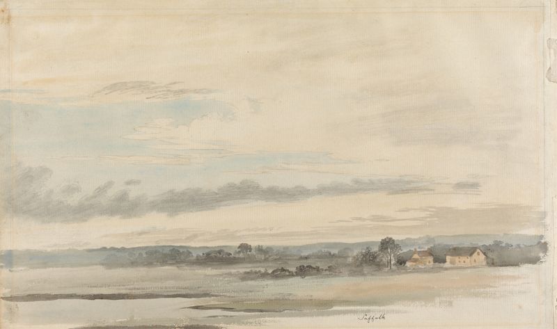 Aquarela de Cornelius Varley retratando uma paisagem com campos e nuvens.