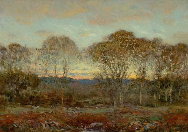 Bronze sculpture by Dwight William Tryon depicting a tranquil landscape at sunset