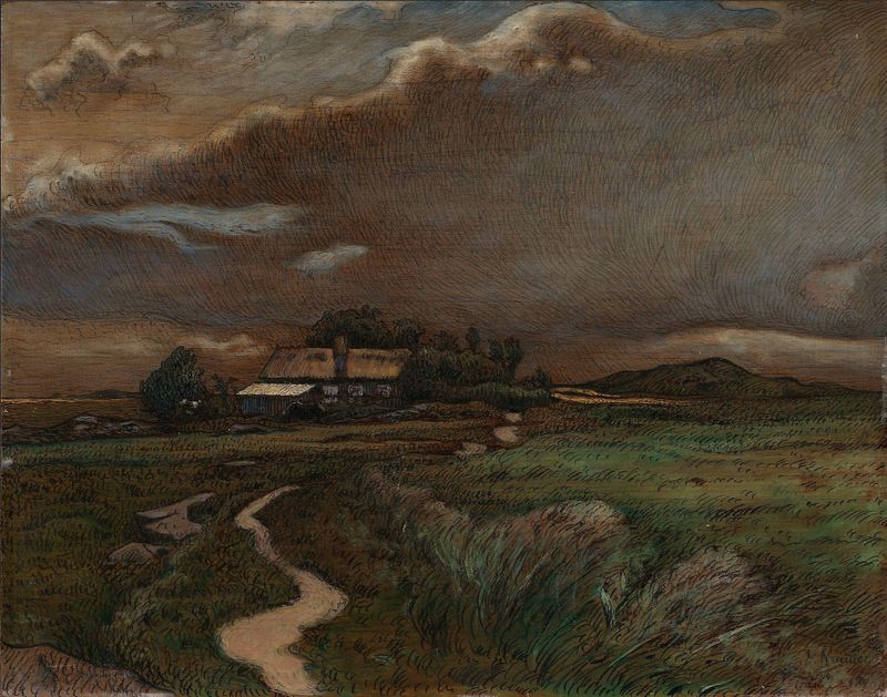 Paisagem de Nils Kreuger, Impressionismo, retratando colinas e água com um céu pastel