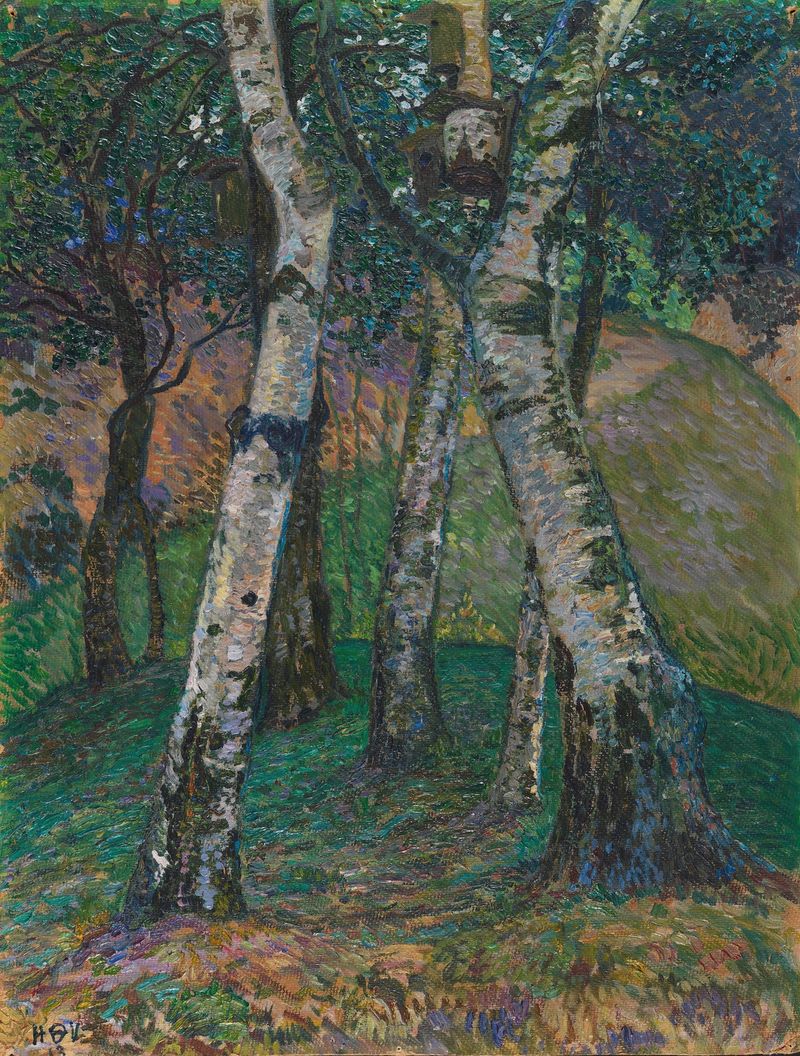 Birken am Barkenhoff de Heinrich Vogeler, óleo sobre lienzo que representa abedules en un paisaje vibrante