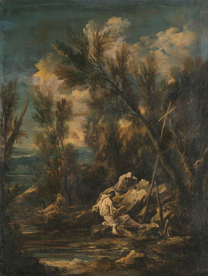 Figuras encapuzadas em uma paisagem nevoenta, pintura a óleo de Alessandro Magnasco