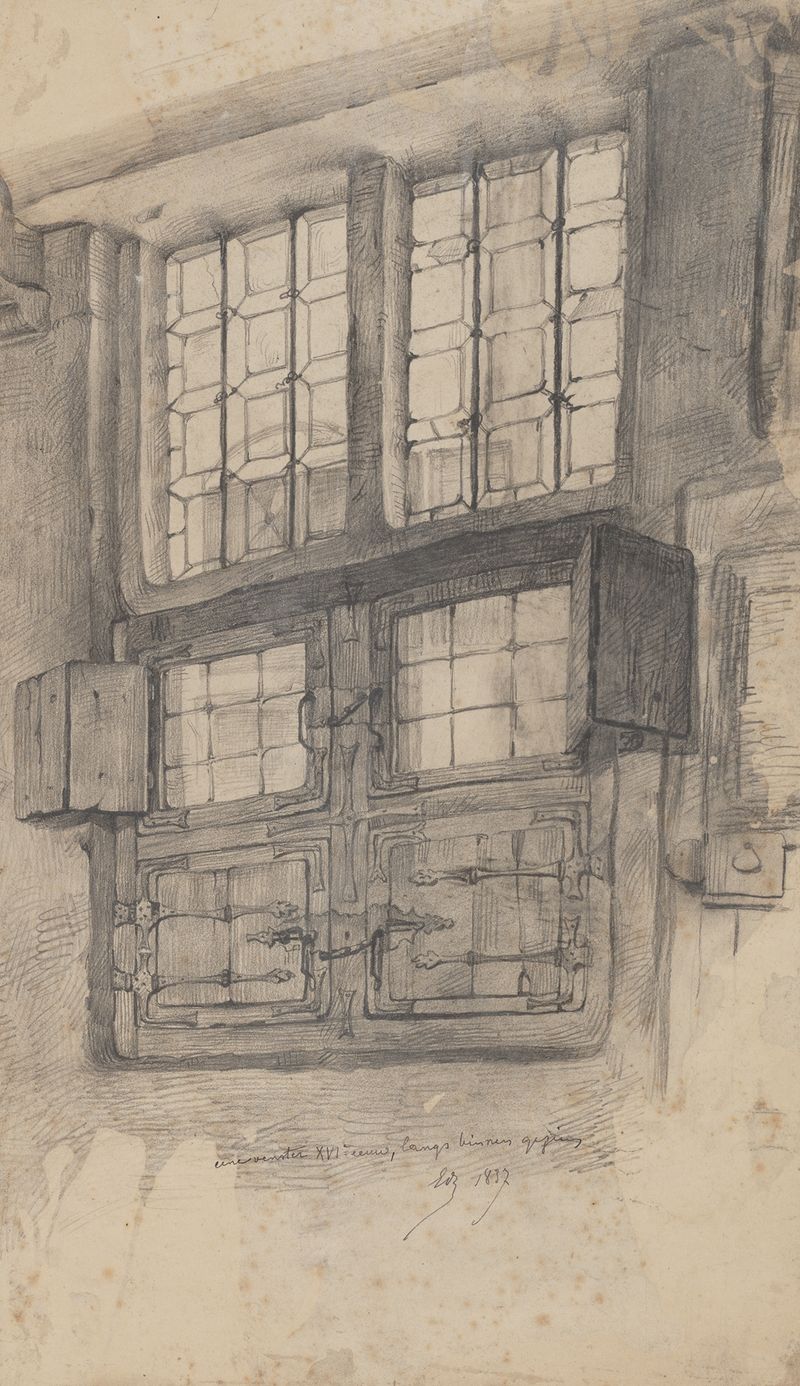 Escena interior con una ventana iluminada y sombras de Edward Dujardin, 1837