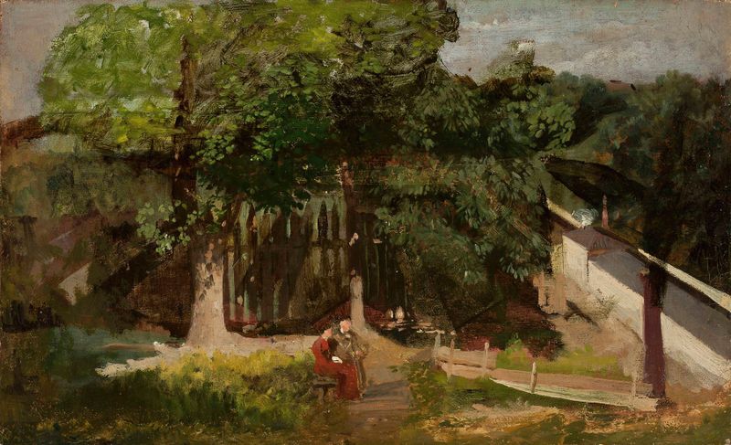 Escena de jardín impresionista con flores y una figura de Julian Maszyński