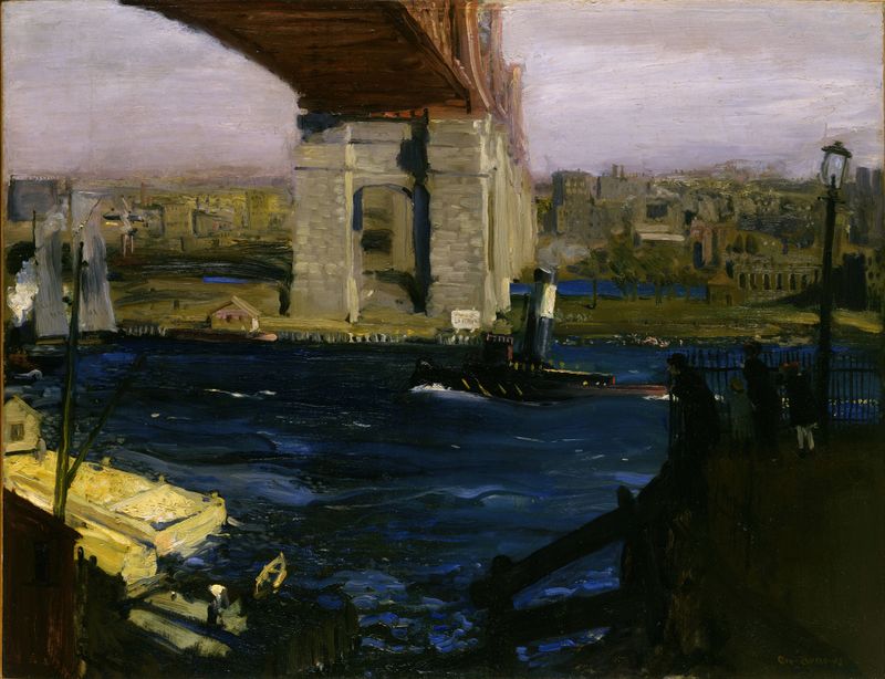 Bridge, Blackwell’s Island by George Wesley Bellows, oil painting of an urban bridge at night.