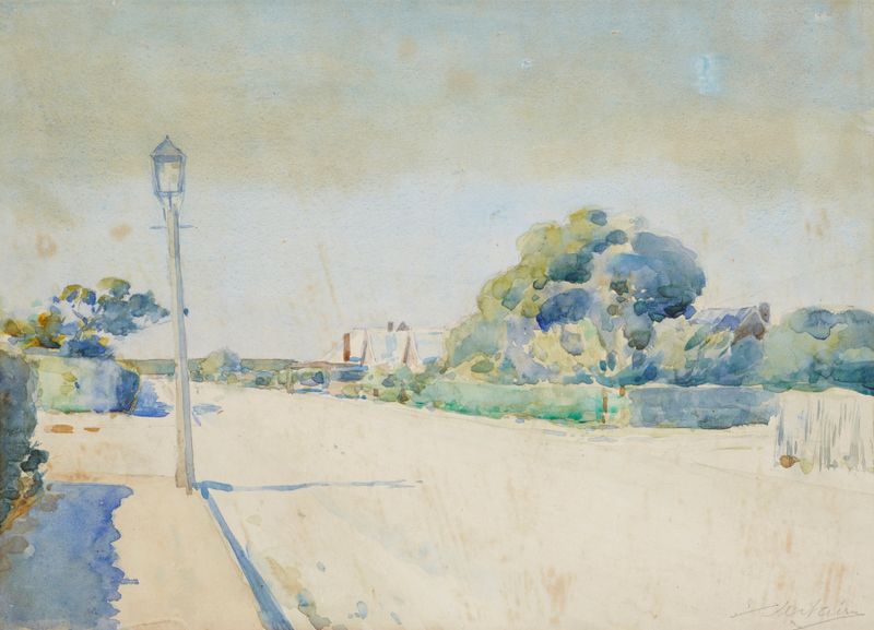 Cena de rua de James Nairn, impressionismo, retratando edifícios urbanos e sombras.