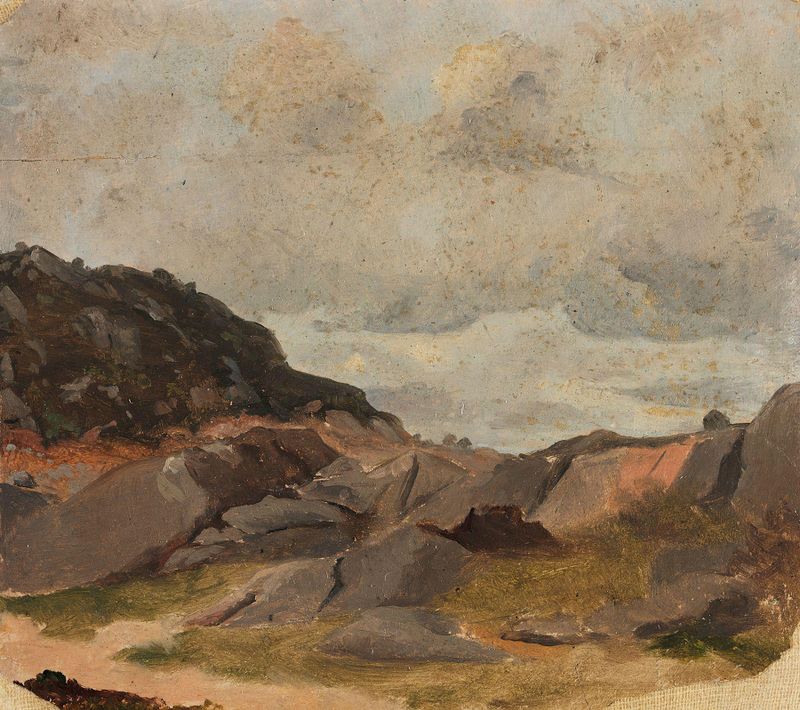 Landscape Study de Adolph Tidemand, pintura a óleo que retrata árvores e colinas.