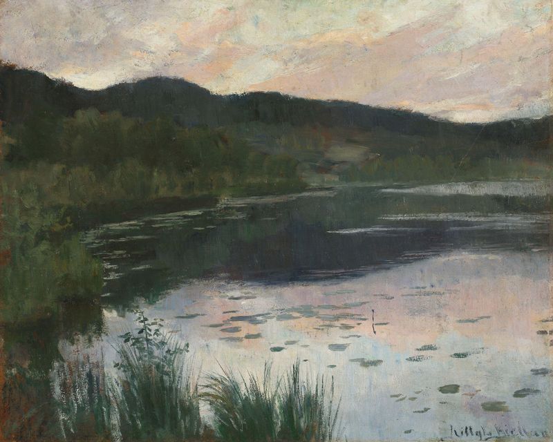 Summer Night. Study by Kitty Kielland, oil on canvas depicting a twilight landscape with grasses and foliage.