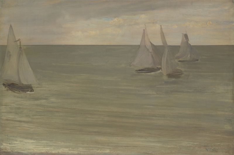 Cena marinha de James Abbott McNeill Whistler, pintura a óleo com verdes e cinzas suaves.