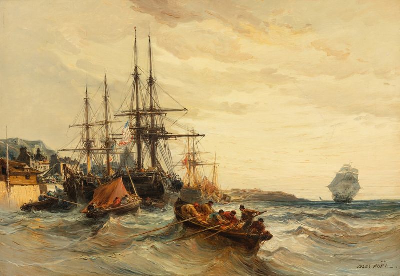 Marine scene with boats in port, oil painting by Jules-Achille Noël