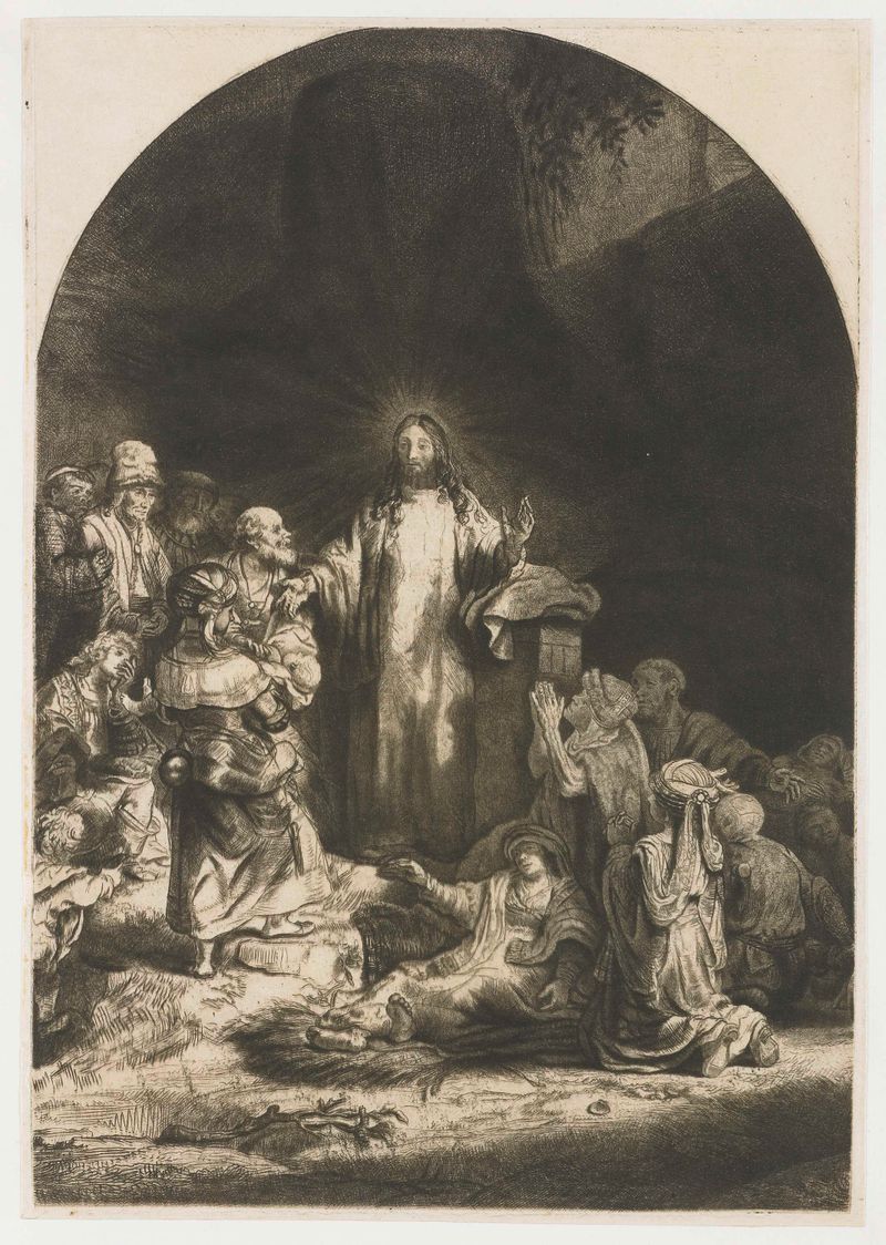 Etching by Rembrandt van Rijn depicting Christ preaching to a crowd.