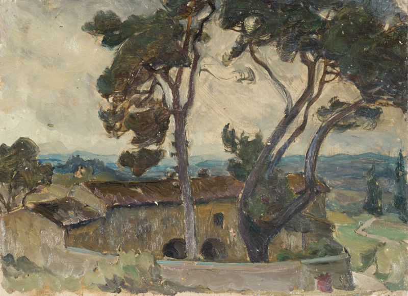 Óleo sobre lienzo de Anna Boberg que representa un paisaje sereno con tonos suaves.