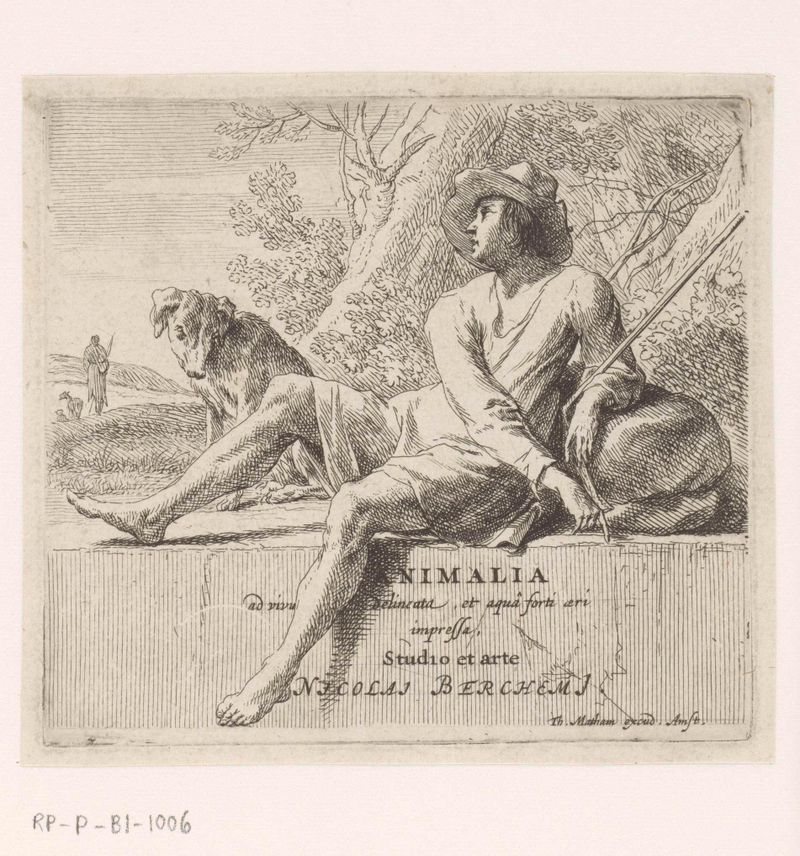 Seated shepherd with dog, etching by Nicolaes Pietersz Berchem