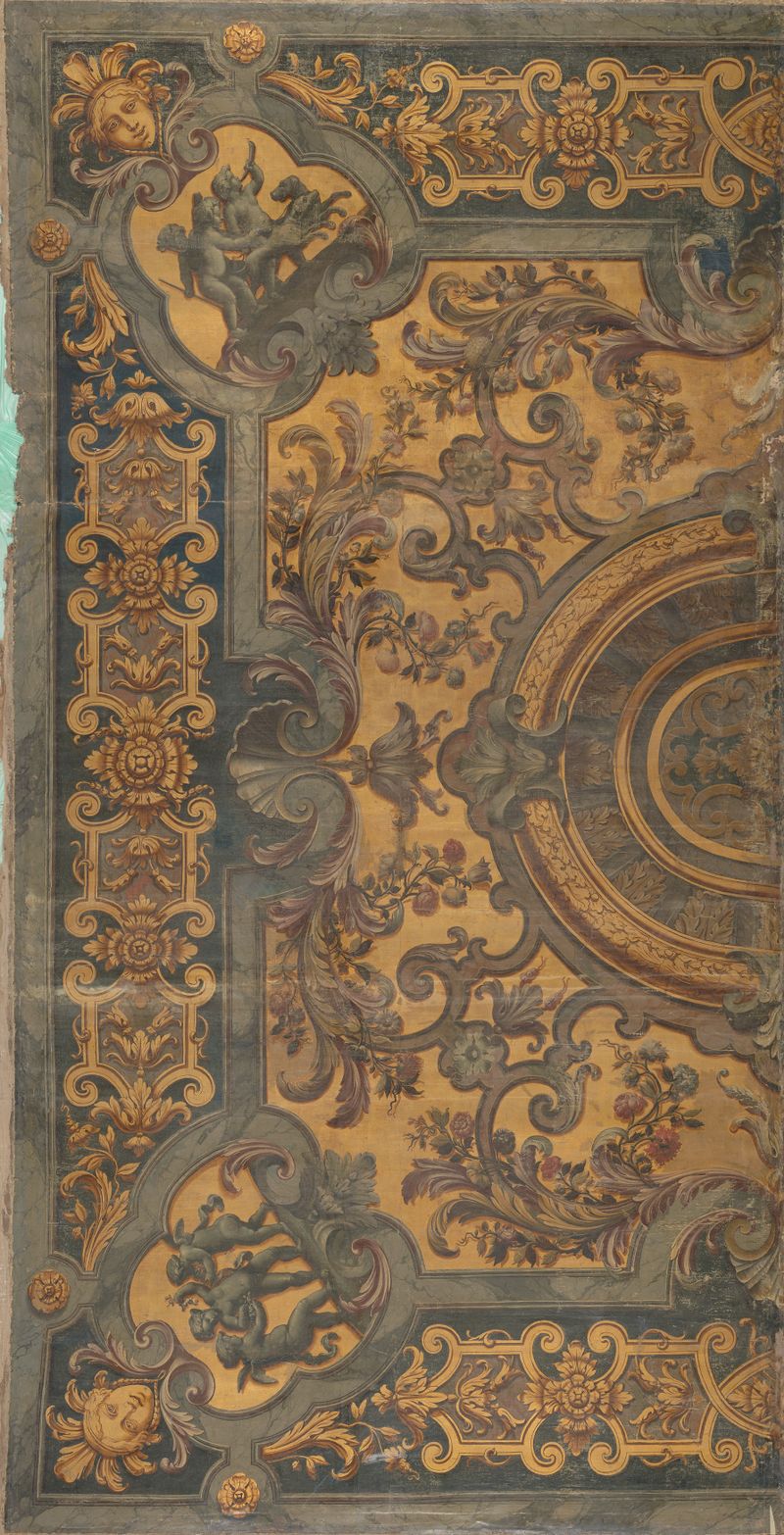 Ornate ceiling with putti by Elias van Nijmegen, oil on canvas