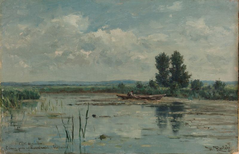 Lake near Loosdrecht by Willem Roelofs, impressionism, depicting tranquil water and trees