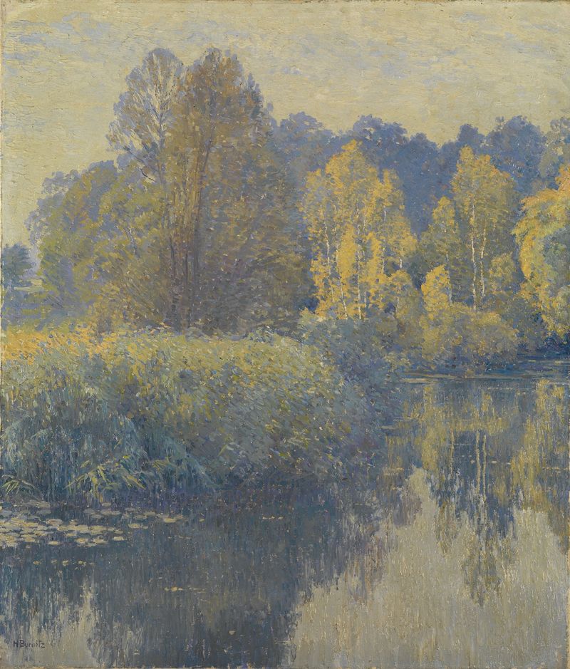 Paisagem nevoenta em Frühnebel de Hans Burnitz, pintura a óleo