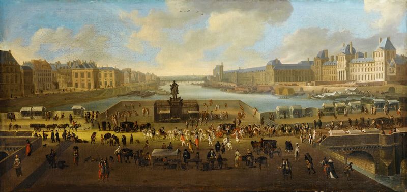 Escena histórica del Pont Neuf sobre el Sena de Jean Baptiste Martin, pintura al óleo