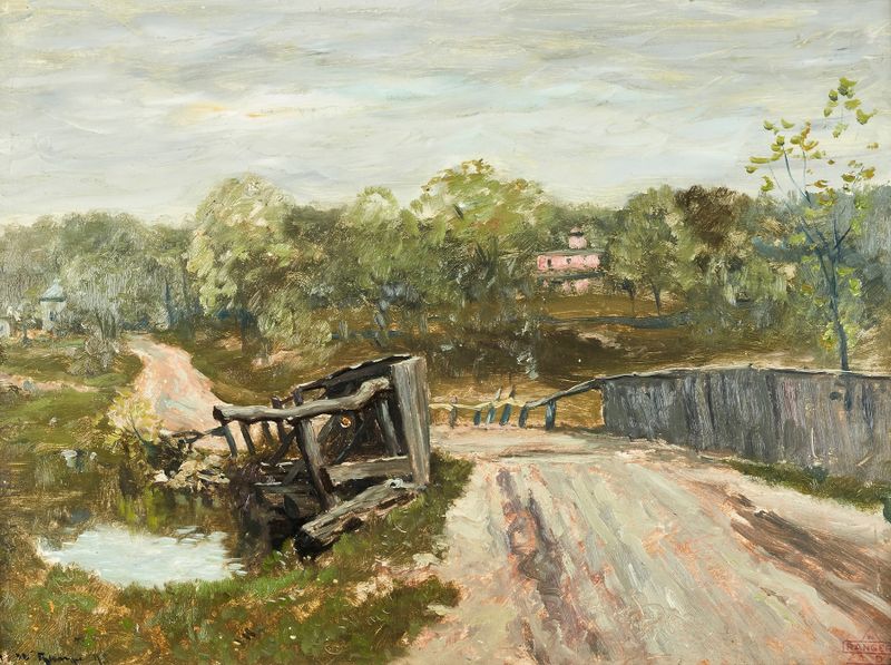The Stone Fence by Henry Ward Ranger, impressionism, landscape with textured stones and autumn light