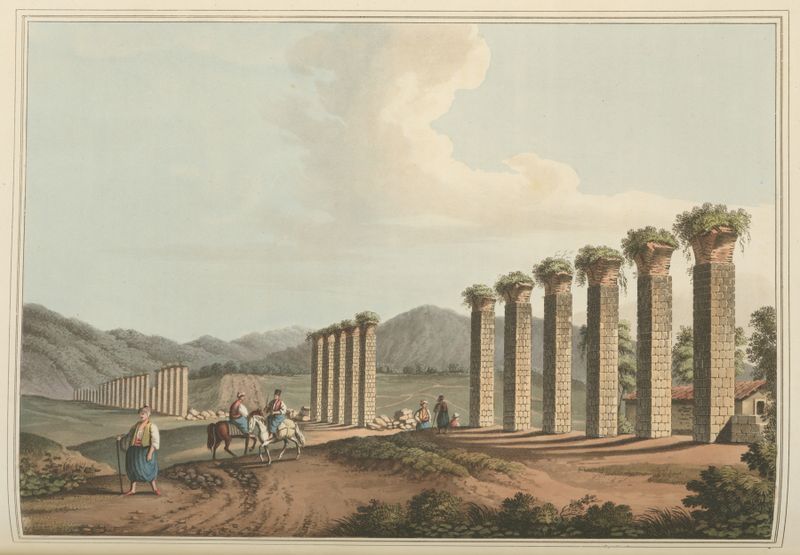 Aqueduct near Ephesus de Luigi Mayer, pintura a óleo que retrata um antigo aqueduto entre colinas exuberantes.