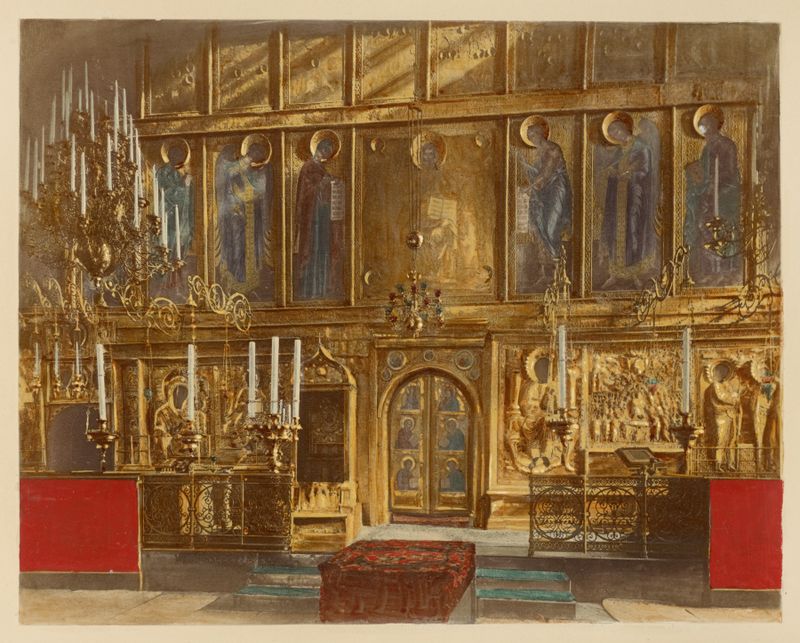 Ikonostasis, Uspenskii Sobor by J. Daziaro, realism, features golden icons and architectural details