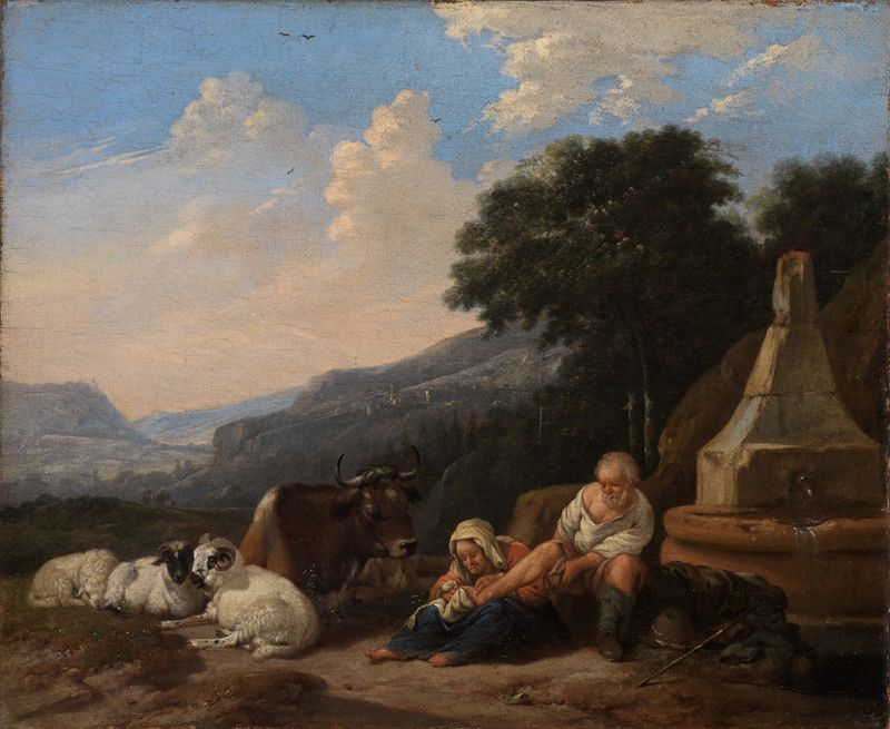 Oil painting by Johann Heinrich Roos featuring a shepherd and flock near a water source.