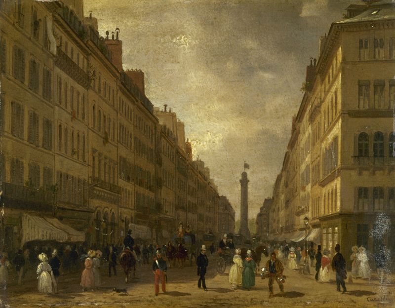 Cena de gênero que retrata a vida urbana em La rue de la Paix de Giuseppe Canella, óleo sobre tela