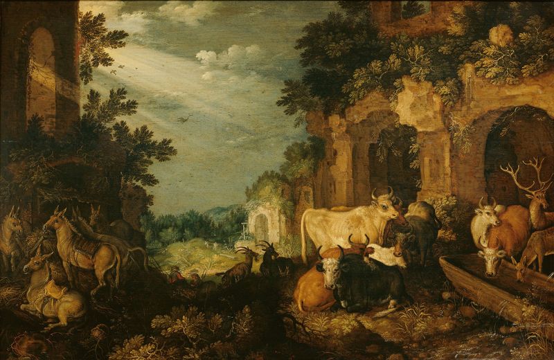 Paisaje con ruinas, ganado y ciervos, óleo sobre lienzo de Roelant Savery