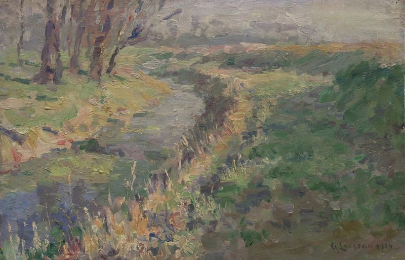 Countryside landscape with a stream and wildflowers, oil on canvas by Gustave Loiseau
