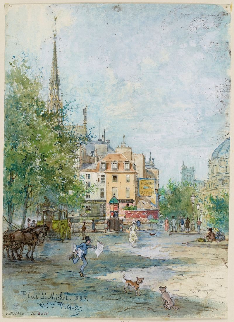 Genre scene depicting lively figures at a fountain by Alexandre Prévost, oil painting, 1885
