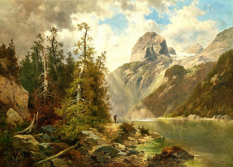 Pintura a óleo de paisagem de Josef Thoma com montanhas e um lago tranquilo