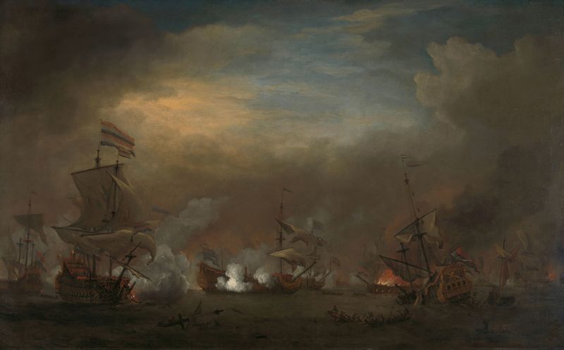 Marine scene with ships in battle, oil painting by Willem van de Velde the Younger