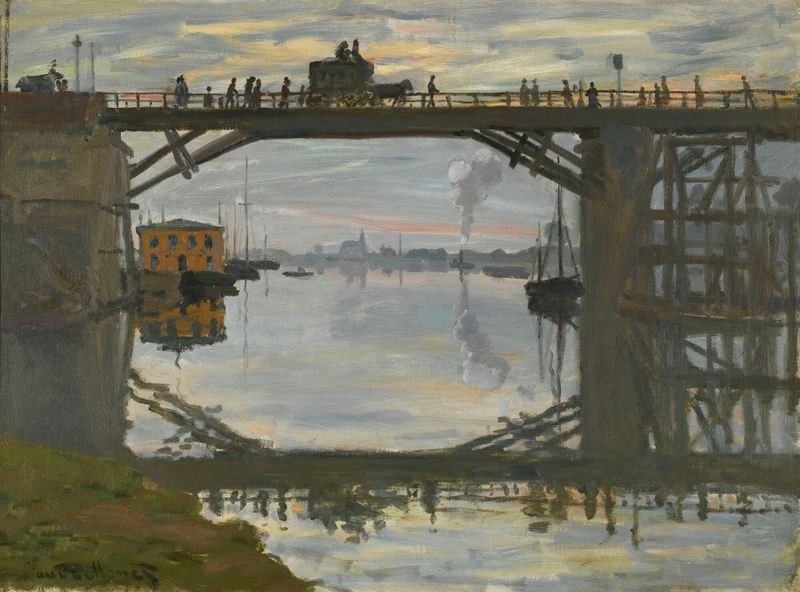 Le Pont De Bois de Claude Monet, Impressionismo, retratando uma ponte de madeira sobre um rio com vegetação.