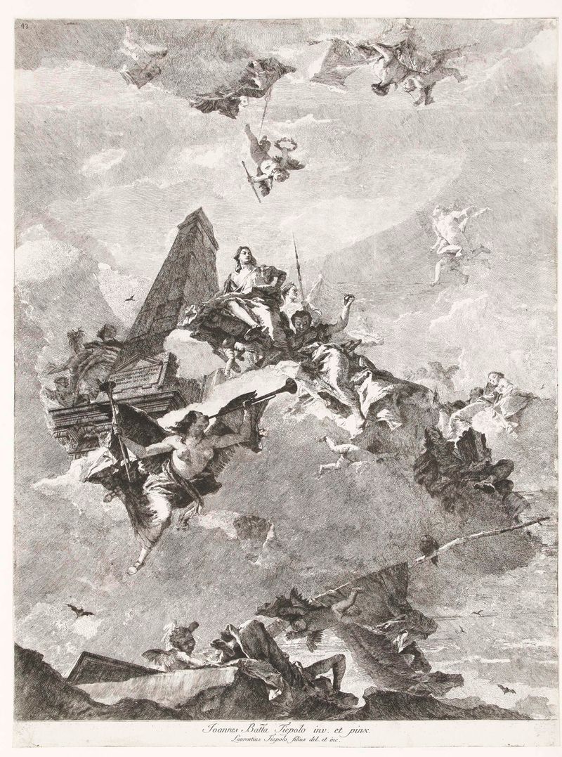 Allegorie op heldendom met Faam, grabado de Lorenzo Baldissera Tiepolo que representa figuras en un momento de victoria.