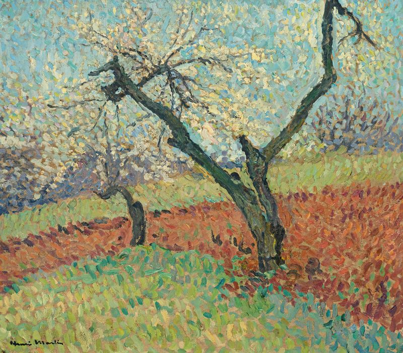 Les Vieux Prunier de Henri Martin, óleo sobre tela mostrando uma árvore retorcida com folhas vibrantes e luz filtrada.