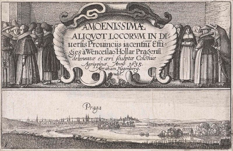 Gezicht op Praag, gravura de Wenceslaus Hollar, retratando um horizonte urbano com telhados e céu suave.