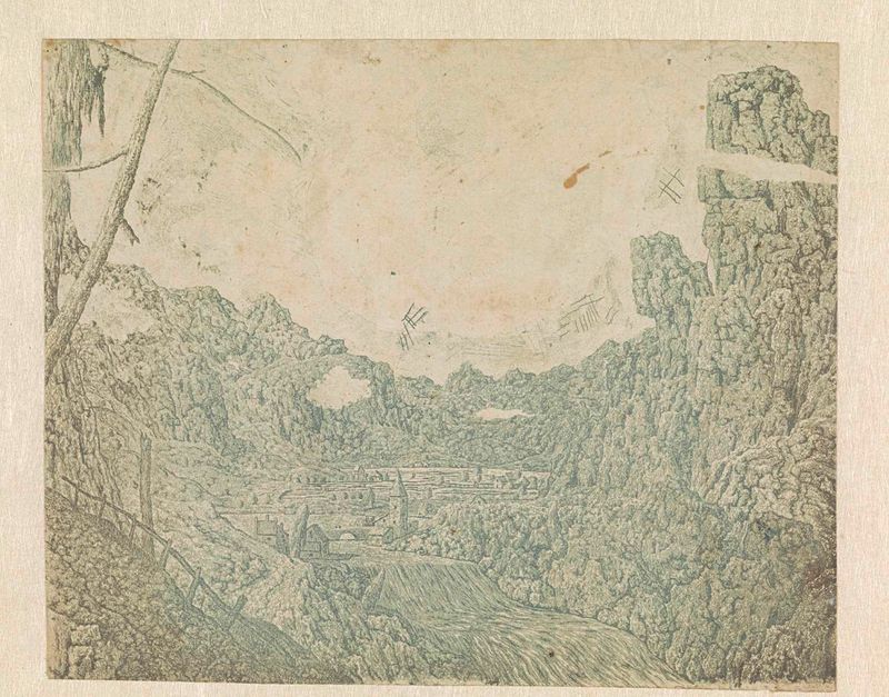 Paisaje con una cascada, grabado de Hercules Segers