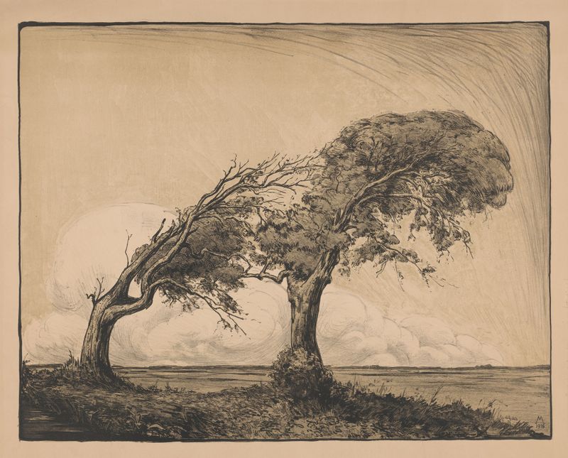 Landschap met twee bomen de Simon Moulijn, representando dos árboles contra un degradado de verdes y azules.