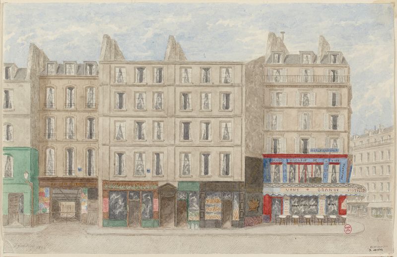 Rue Beaubourg Nº15 à 19, 4ème arrondissement by Jules Gaildrau, oil on canvas depicting urban architecture.