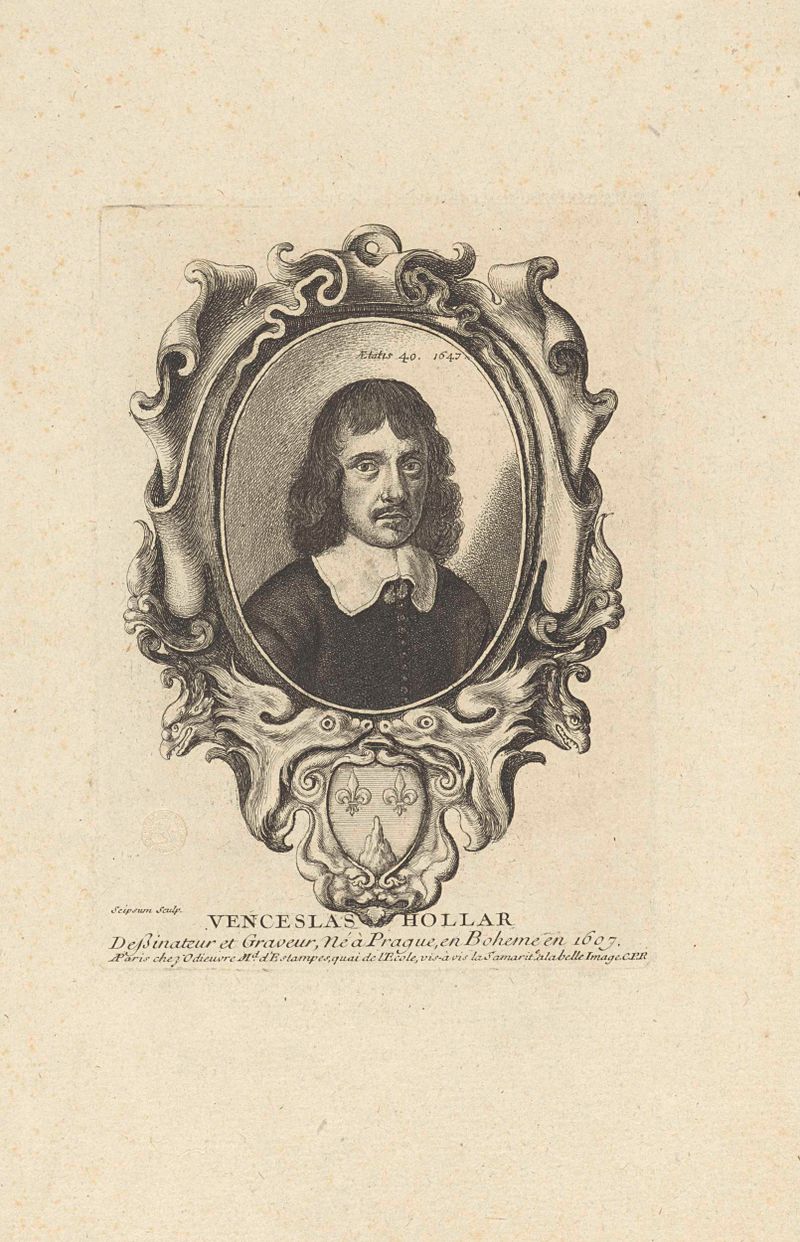Grabado de autorretrato de Wenceslaus Hollar, con una expresión sombría y un ambiente introspectivo.