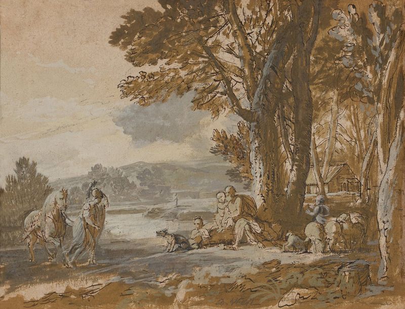 Paisaje clásico de Benjamin West, óleo sobre lienzo que muestra exuberante vegetación y luz filtrándose a través de los ár...