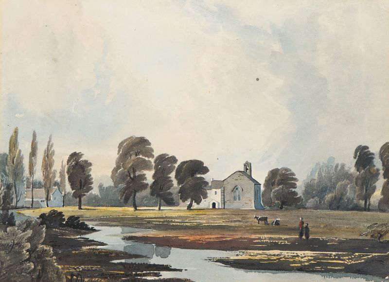 Escena de pradera con un arroyo y una iglesia al fondo, acuarela de John Varley