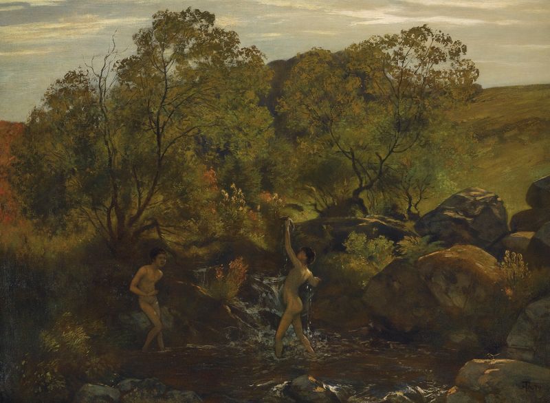 Boys playing by the water in an oil painting by Hans Thoma