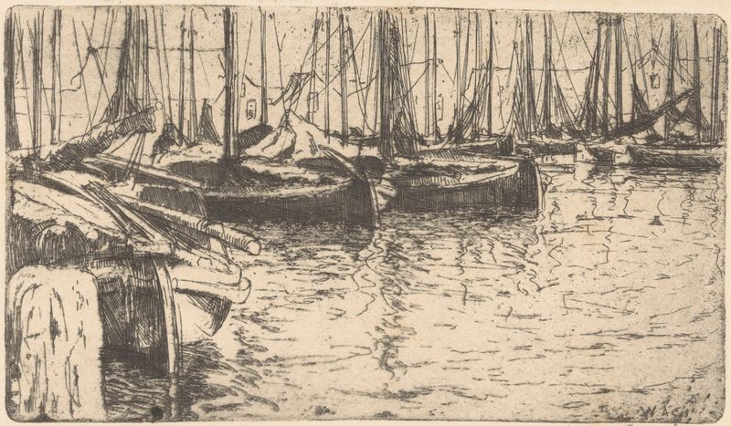 Óleo sobre lienzo de Willem Adrianus Grondhout que muestra barcos en un puerto con reflejos