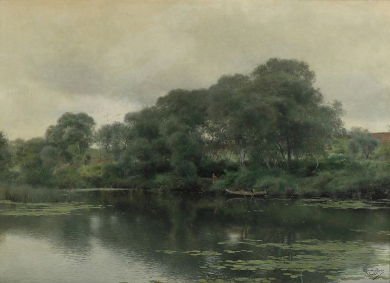 Stillness on a lily pond by Emilio Sánchez-Perrier, oil painting depicting lily pads and reflections on water.