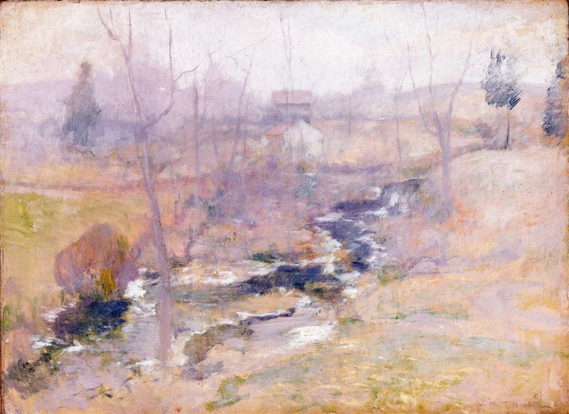 Fin del Invierno de John Henry Twachtman, óleo sobre lienzo que representa un paisaje con nieve persistente.