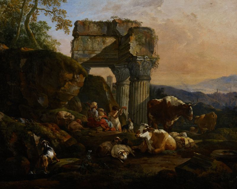 Roman Landscape with Cattle and Shepherds by Johann Heinrich Roos, oil painting depicting hills and cattle.